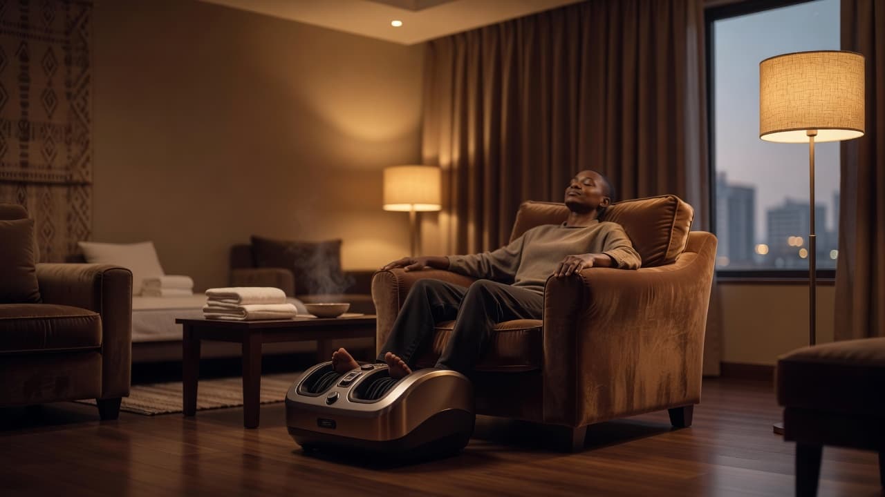 A professional foot massager sits in front of a soft chair inside a quiet, dimly lit spa room.