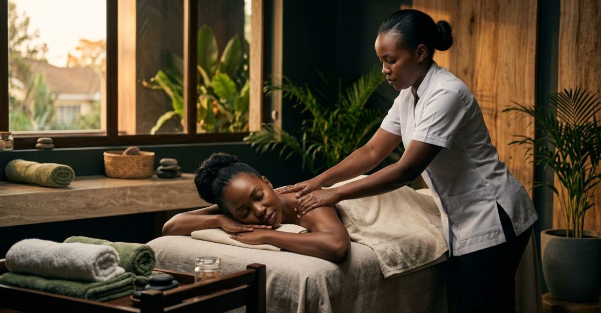 A therapist giving a shoulder massage to a client at a Nairobi wellness spa.