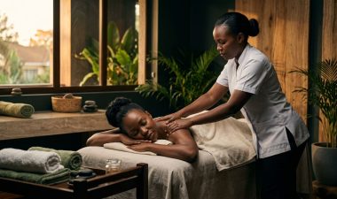 A therapist giving a shoulder massage to a client at a Nairobi wellness spa.