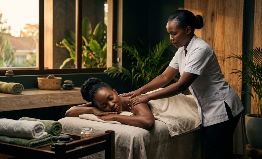 A therapist giving a shoulder massage to a client at a Nairobi wellness spa.