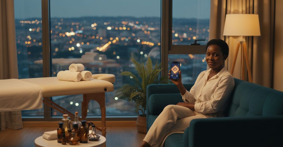 A woman using a smartphone on a sofa in a warmly lit apartment with a massage table nearby.
