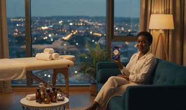 A woman using a smartphone on a sofa in a warmly lit apartment with a massage table nearby.