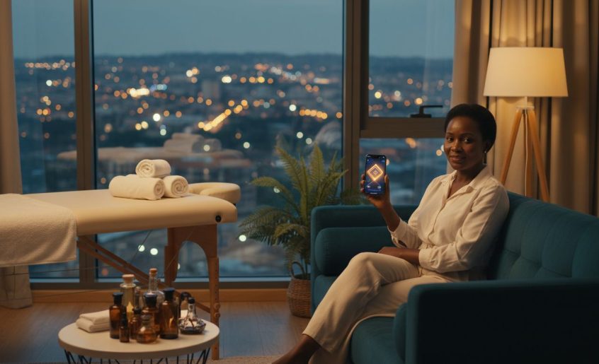 A woman using a smartphone on a sofa in a warmly lit apartment with a massage table nearby.