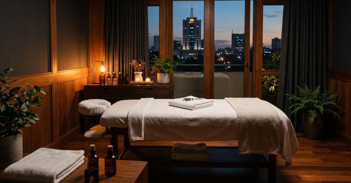 A calm massage room with towels, oil bottles, and city buildings outside.