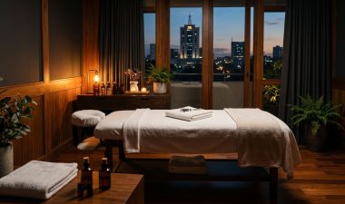A calm massage room with towels, oil bottles, and city buildings outside.