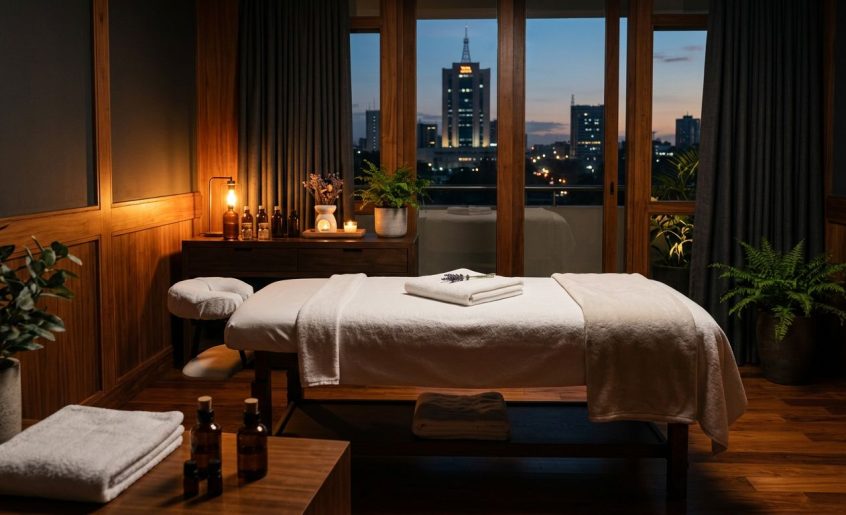 A calm massage room with towels, oil bottles, and city buildings outside.