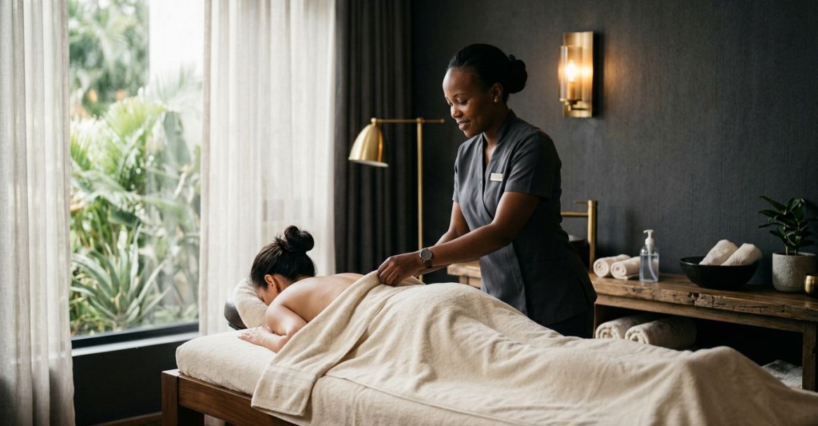 A therapist prepares a client on a massage table in a bright spa room.