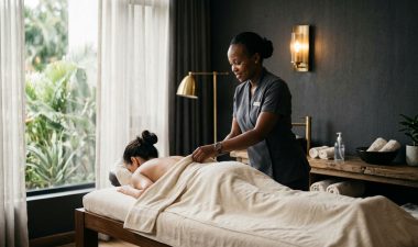 A therapist prepares a client on a massage table in a bright spa room.
