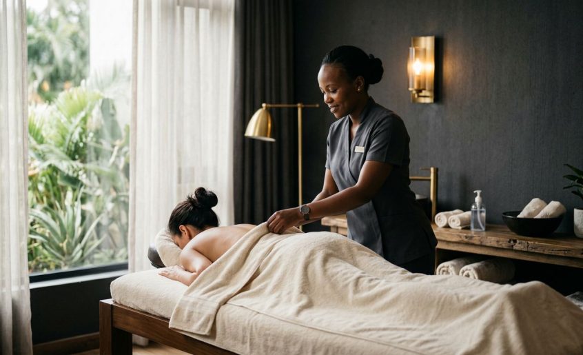 A therapist prepares a client on a massage table in a bright spa room.