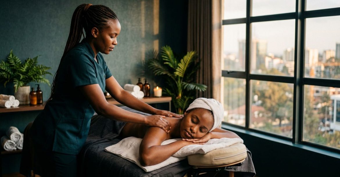A therapist giving a shoulder massage to a client at a tranquil Kilimani spa.