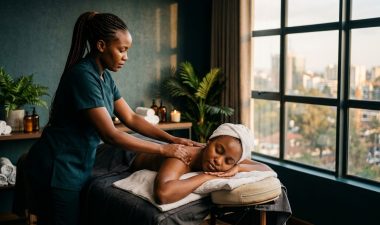 A therapist giving a shoulder massage to a client at a tranquil Kilimani spa.