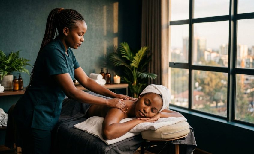 A therapist giving a shoulder massage to a client at a tranquil Kilimani spa.