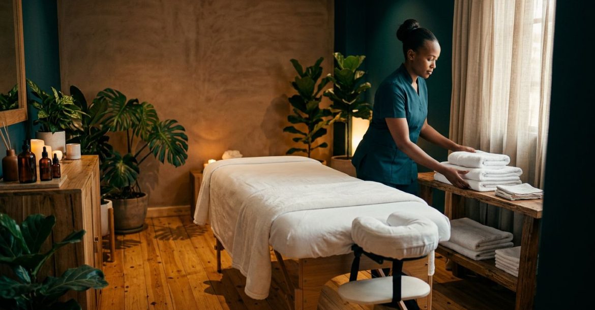 A therapist arranges towels beside a massage table in a warmly lit studio.
