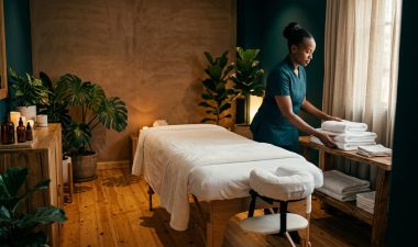 A therapist arranges towels beside a massage table in a warmly lit studio.