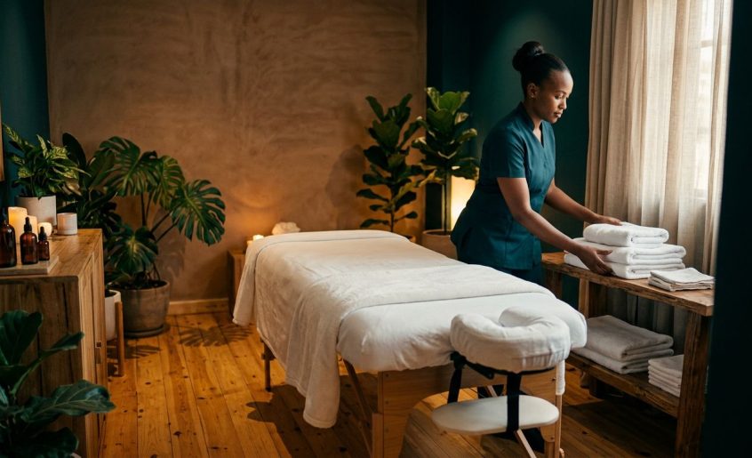A therapist arranges towels beside a massage table in a warmly lit studio.