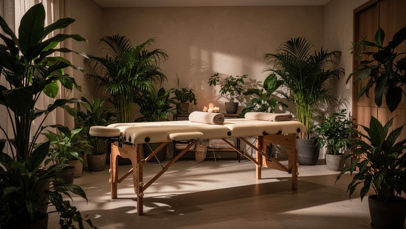 Wooden massage tables and green plants in a softly lit spa room.