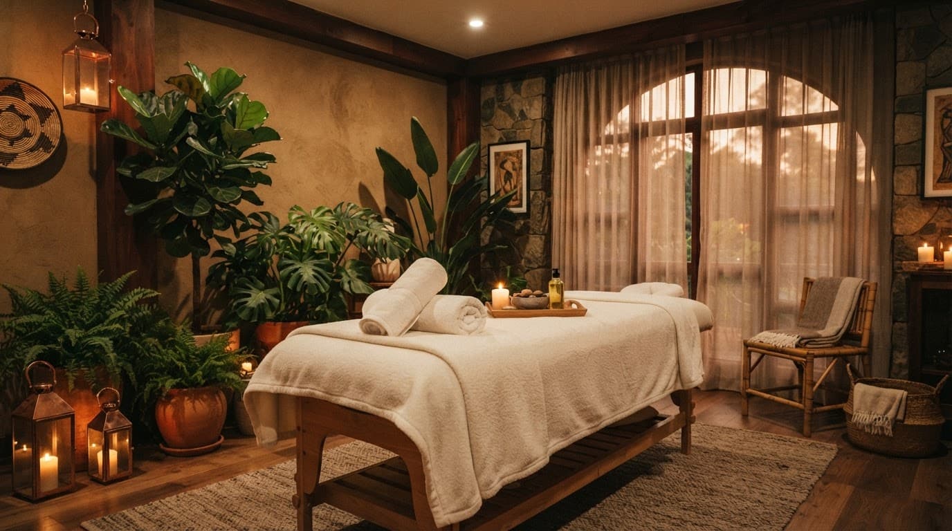 An empty massage table with rolled towels in a dimly lit spa room filled with green plants.