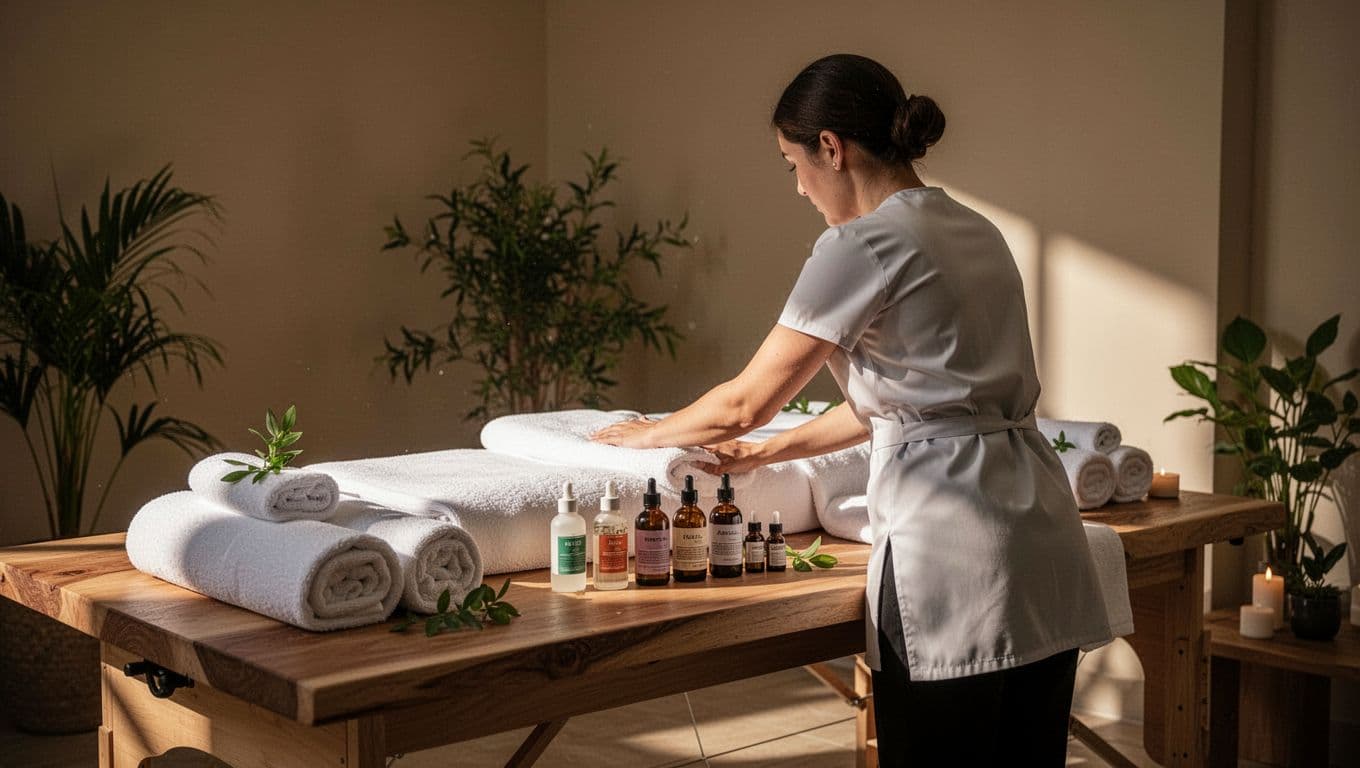 A therapist prepares a wooden massage table with linens in a warm spa room.