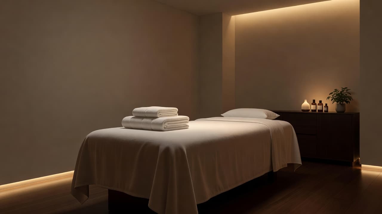 A pristine massage table draped in folded white towels sits center stage in a tranquil spa room. Warm amber lighting reflects off smooth surfaces, casting soft shadows across the minimalist space.