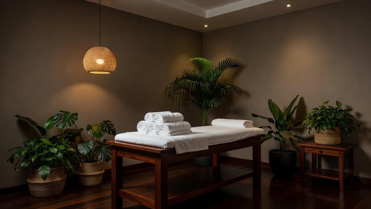 A serene massage room with wooden decor, rolled towels, and tropical plants.