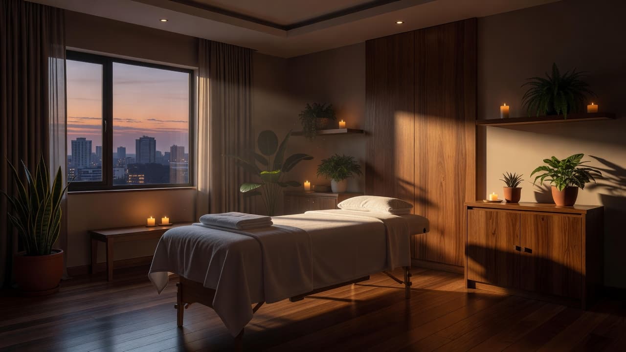 A serene spa room in Nairobi featuring a massage table, warm lighting, and soothing plants.