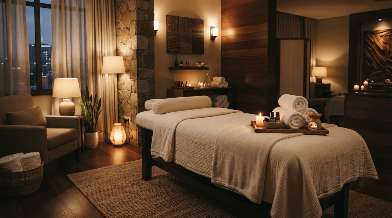 A tranquil massage room featuring a table with rolled white towels under dim lighting.