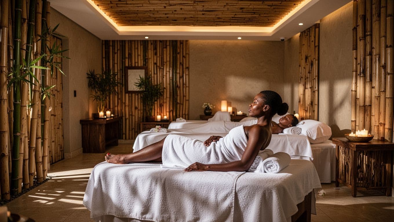 Warmly lit bamboo shelving holds rolled white towels in a quiet Nairobi spa room.