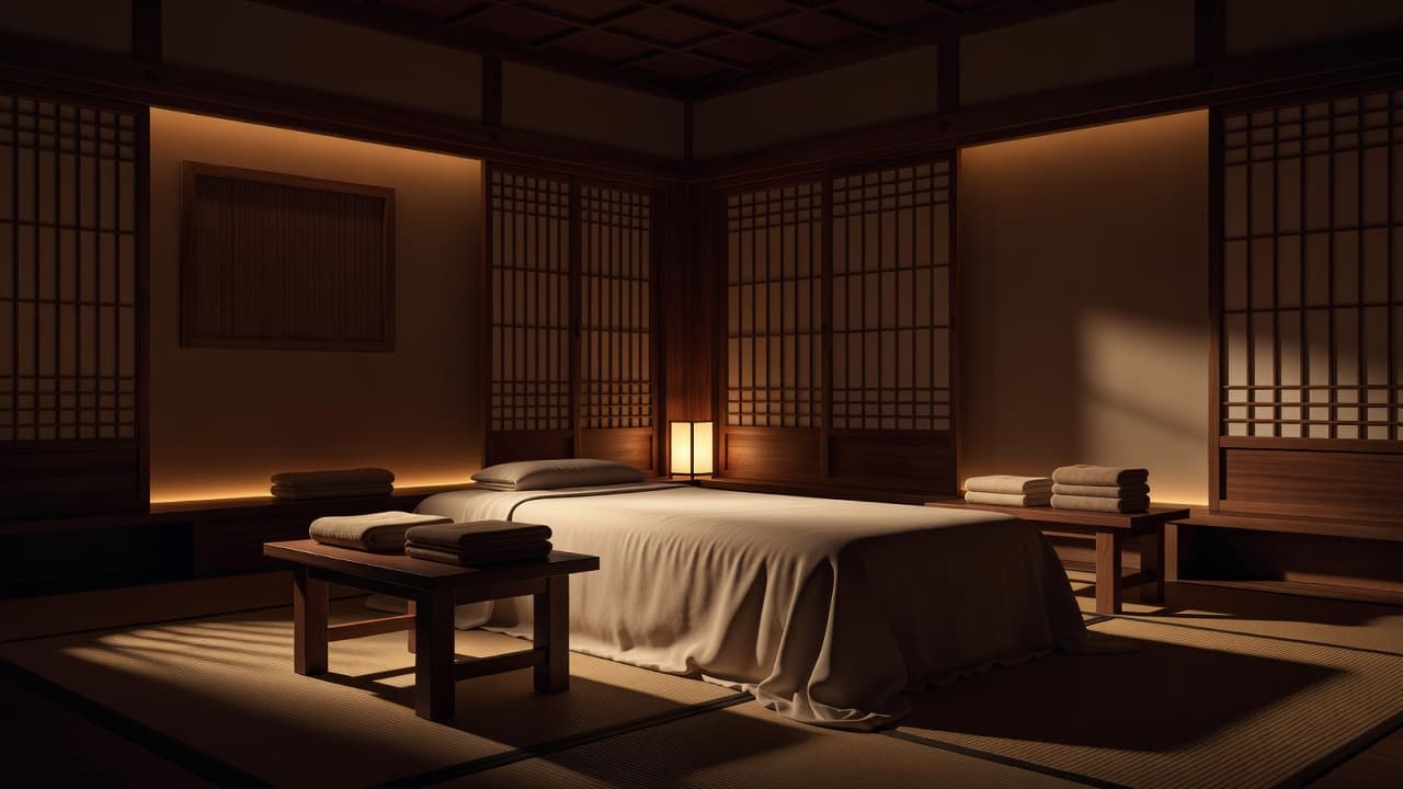 A dimly lit room with soft linen fabrics and wooden furniture creates a tranquil spa environment.