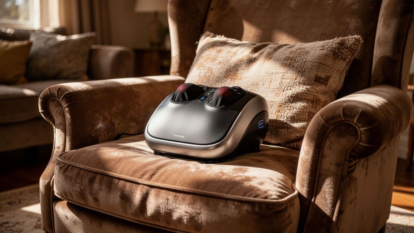 A back massager device resting on a cozy armchair in a warm living room.