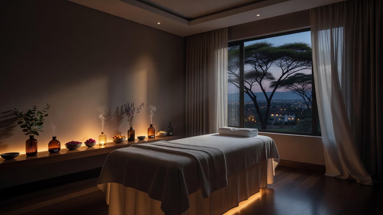 A pristine massage table draped with folded white towels sits in a dimly lit, high-end treatment room. Subtle aromatherapy accents and warm ambient lighting create a tranquil, professional spa atmosphere.