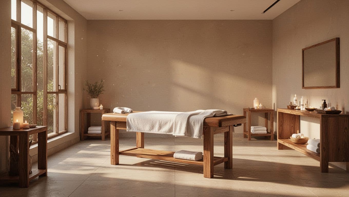 A single massage bed sits in the center of a serene room featuring polished wooden furniture. Soft, warm light flows through large windows, creating a peaceful atmosphere perfect for professional therapy.