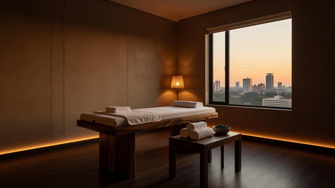 A wooden massage table sits center stage in a dimly lit room, draped in folded white towels. Soft amber spotlights create long shadows against the elegant, textured walls of the retreat.