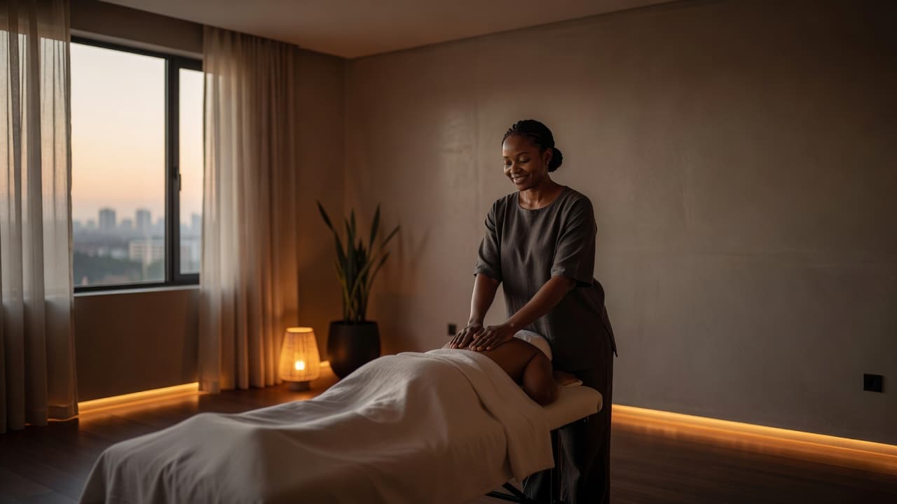A massage therapist provides a relaxing treatment in a dimly lit, professional spa.
