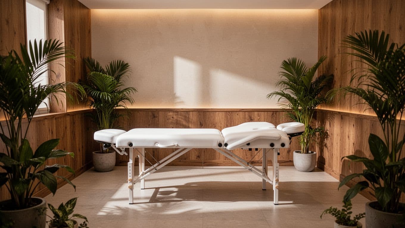 A white massage table in a warmly lit room with wood accents and tropical plants.