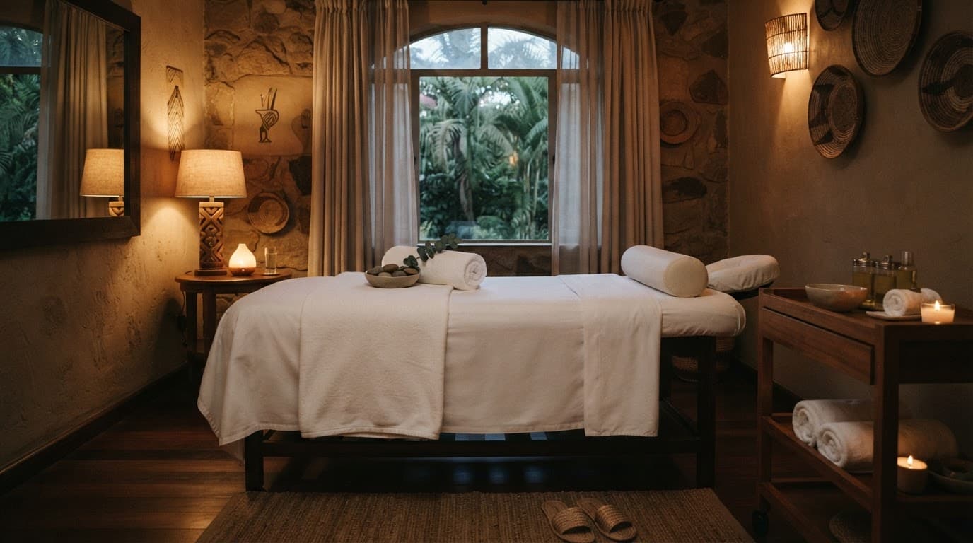 A tranquil spa treatment room with a massage table and rolled towels under warm lighting.