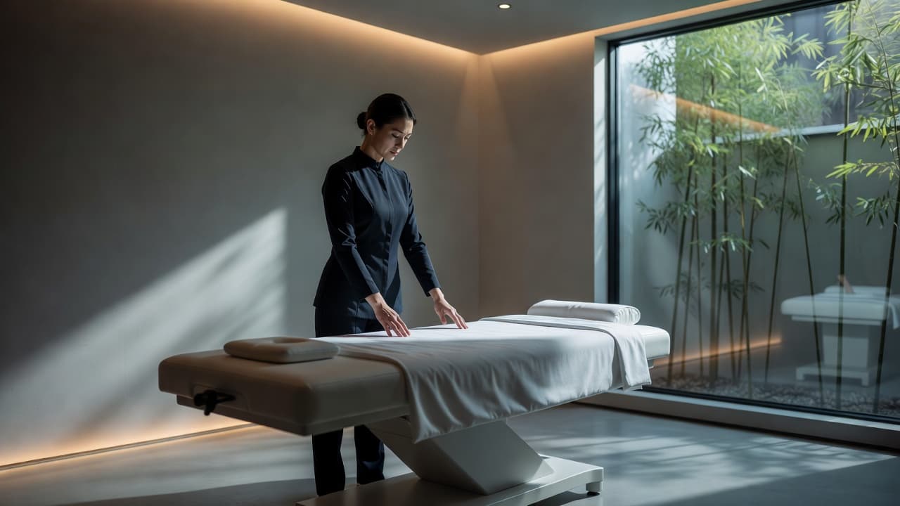 A focused therapist in a crisp white uniform prepares a clean massage table within a modern, dimly lit clinic. Soft accent lighting highlights the minimalist decor and fresh linen sheets.