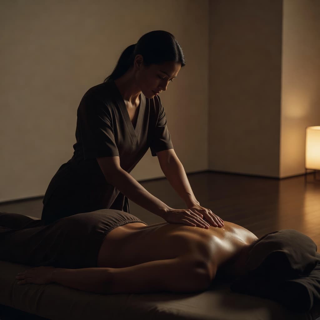 A focused therapist uses rhythmic motions on a client's back inside a dark, peaceful room. Warm ambient light highlights the texture of the towels and the calm atmosphere of the studio.