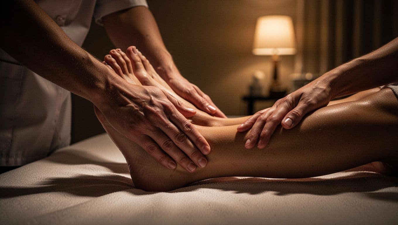 A skilled therapist applies gentle pressure to a client's heel in a dimly lit spa. The warm, focused ambient light highlights the soft textures and peaceful atmosphere of the treatment room.