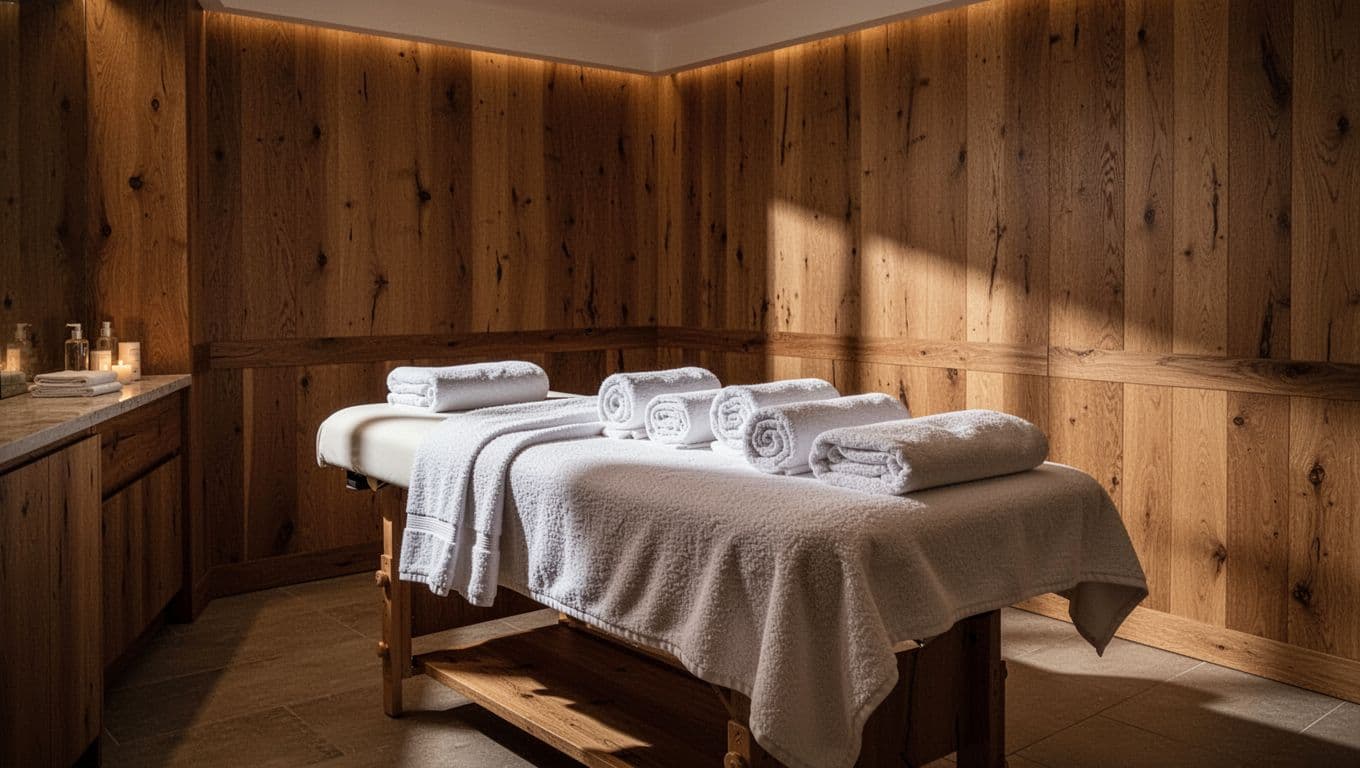 A calm spa wellness room with a massage table and warm ambient lighting.