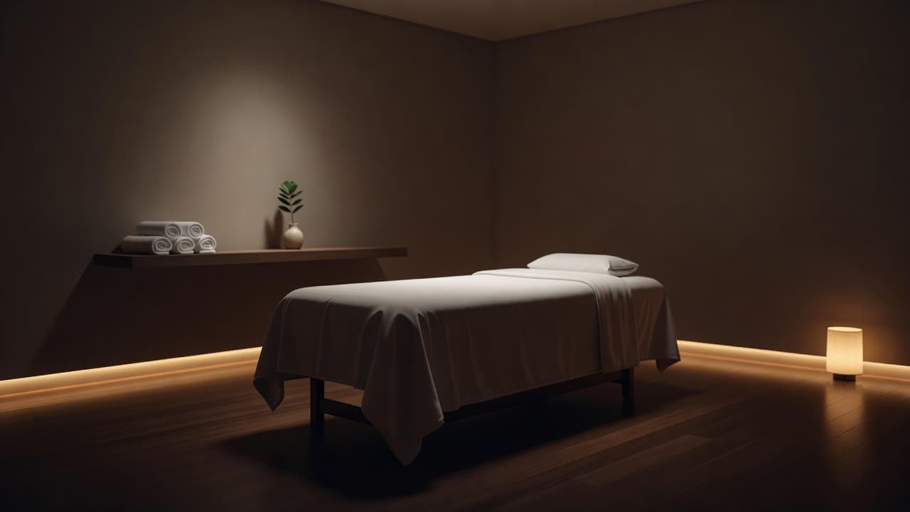 A minimalist massage table with crisp white linens sits centered in a dimly lit treatment room. Warm ambient light glows against the textured walls, creating a quiet and deeply relaxing atmosphere.