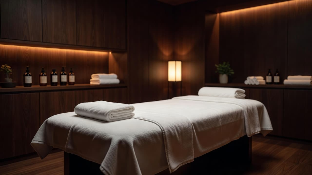 A professional massage table with white towels inside a warm, wooden spa room.