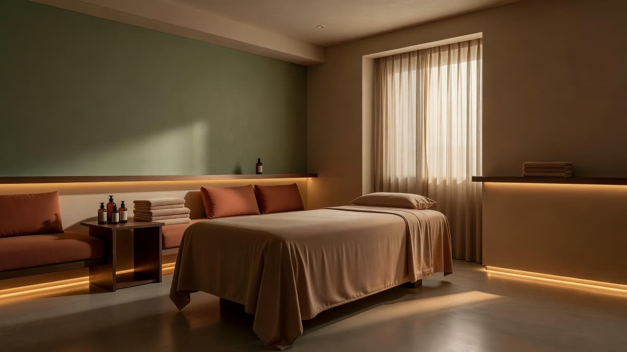 A professional massage table in a dimly lit, tranquil room with warm accent lighting.