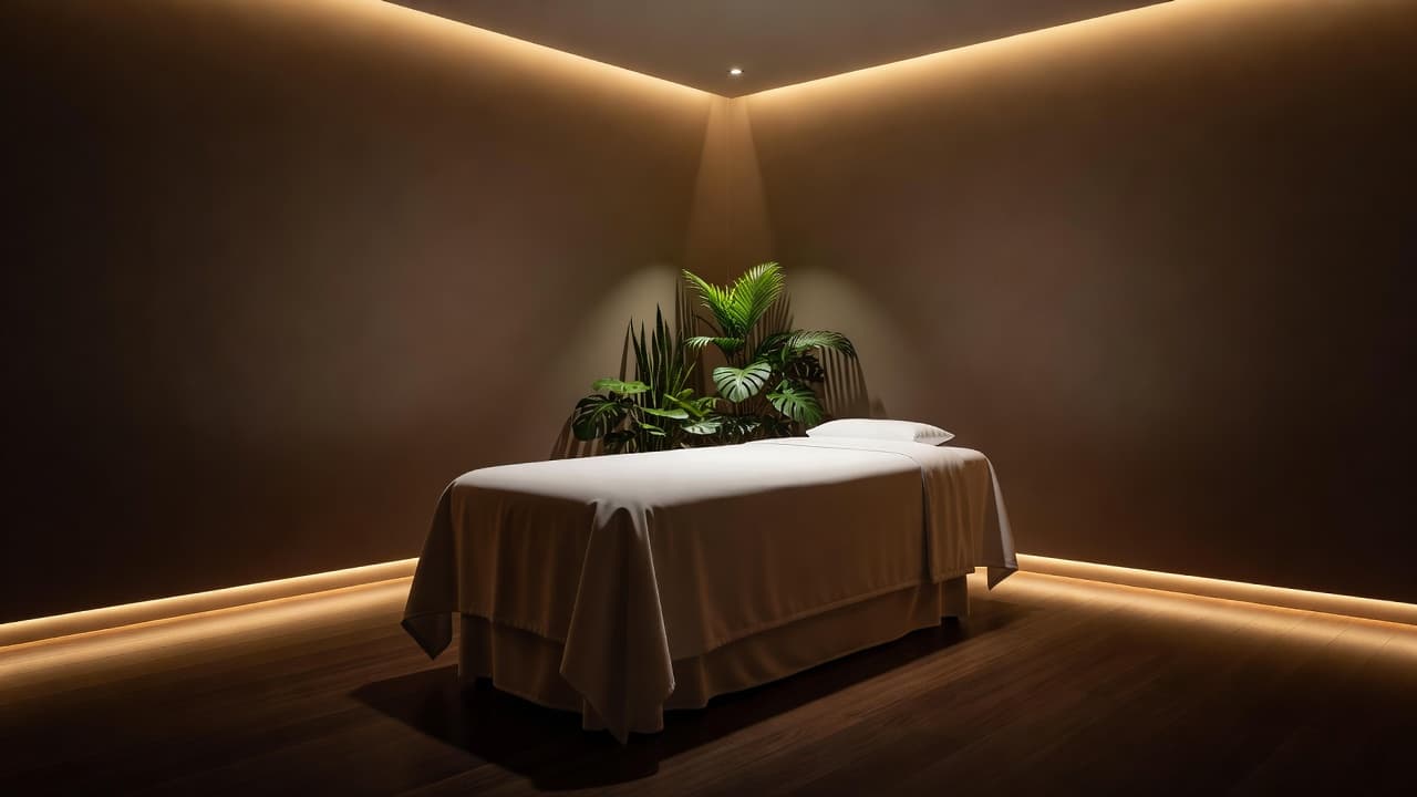 A plush massage table with crisp white linens sits centered in a serene spa suite. Lush tropical plants decorate the corners under warm, dramatic lighting that creates deep, inviting shadows.