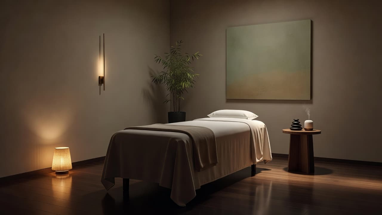 A tranquil massage room with a prepared table and soft, warm ambient lighting.