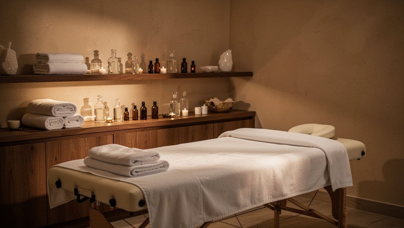 A massage table with neatly folded towels in a warmly lit spa room.
