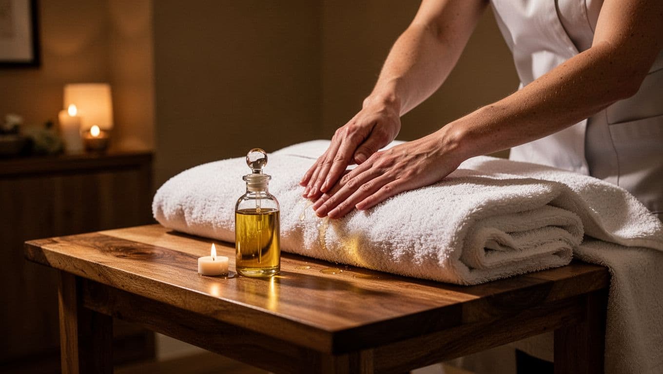 A therapist arranges massage oils on a wooden table in a dimly lit spa room.
