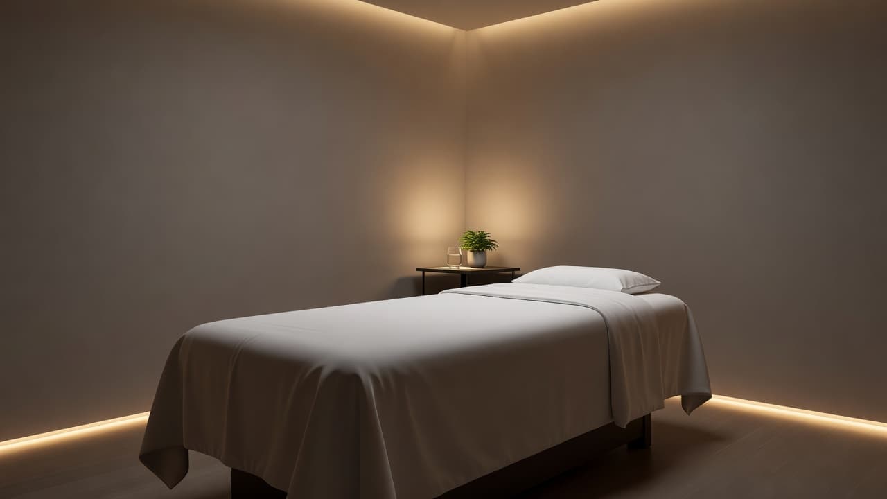 A clean massage table with white linens in a quiet, dimly lit spa room.