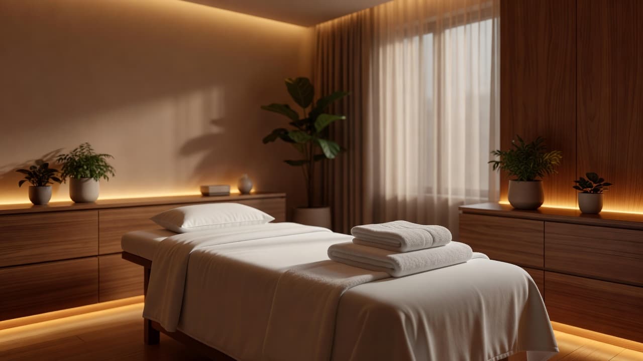A professional massage table with white linens in a peaceful spa room with warm wood textures.