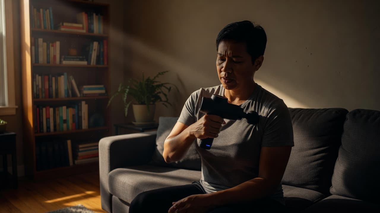 A person holds a cordless percussive massage device against their upper shoulder muscle. The warm home living room setting features cinematic lighting that highlights the physical relief and targeted muscle care.