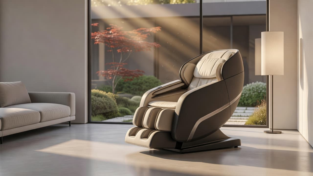 A comfortable massage chair placed in a bright and serene corner of a modern house.